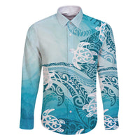 Polynesia Turtle Family Matching Off Shoulder Short Dress and Hawaiian Shirt Watercolor Abstract Style LT7 Dad's Shirt - Long Sleeve Blue - Polynesian Pride