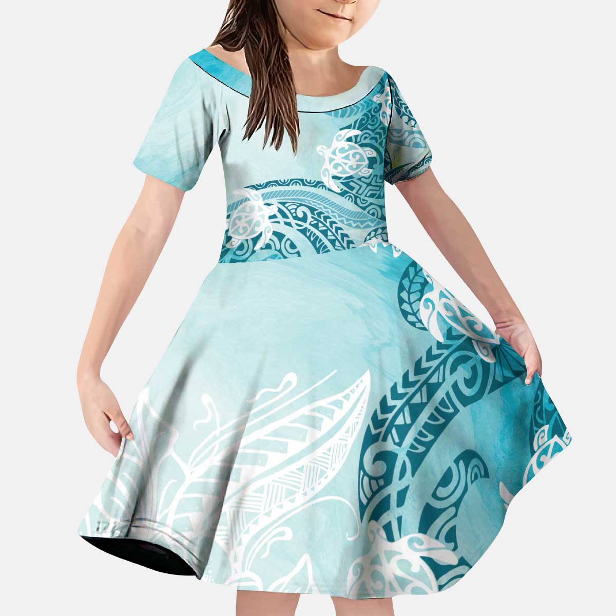 Polynesia Turtle Family Matching Puletasi and Hawaiian Shirt Watercolor Abstract Style LT7 Daughter's Dress Blue - Polynesian Pride