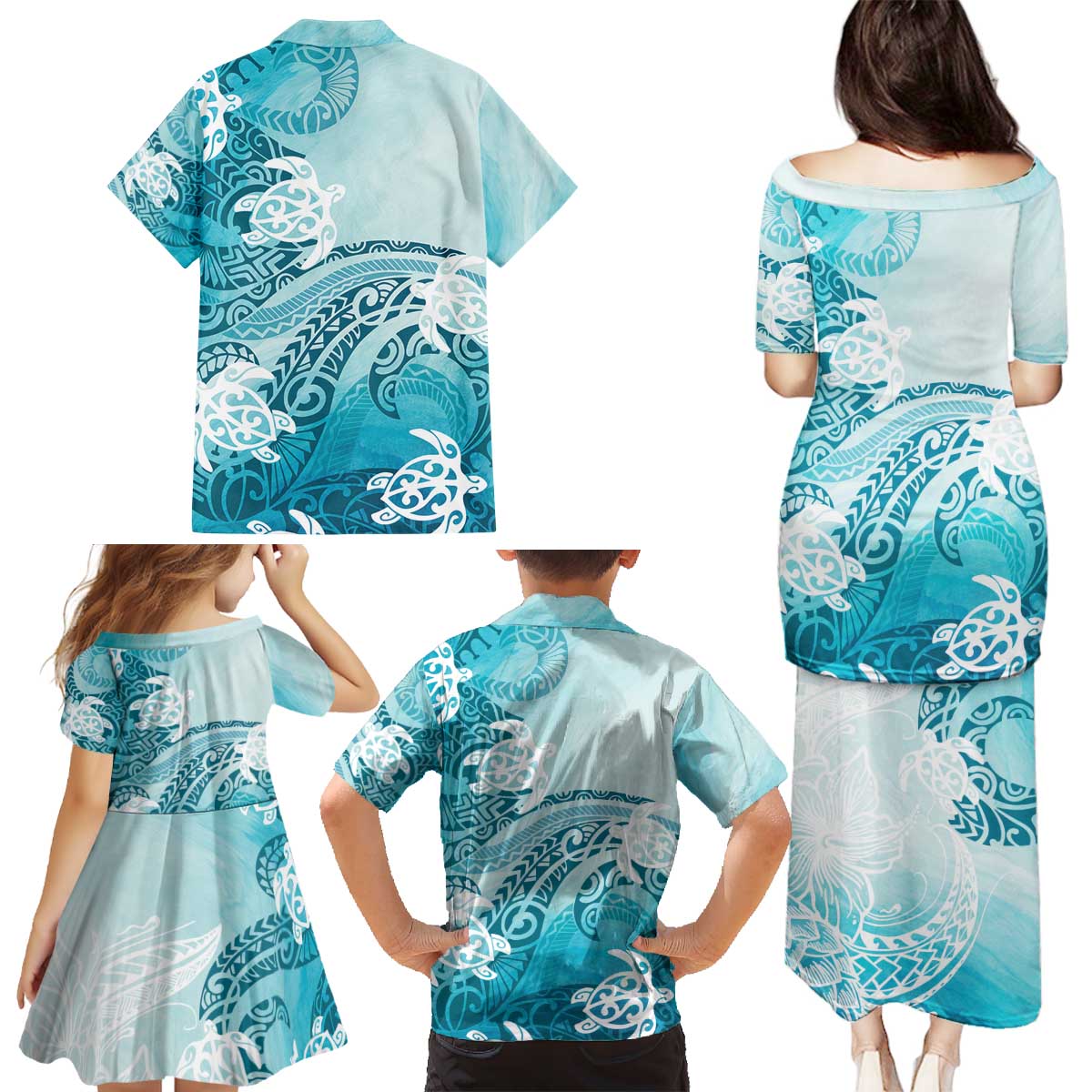 Polynesia Turtle Family Matching Puletasi and Hawaiian Shirt Watercolor Abstract Style LT7 - Polynesian Pride