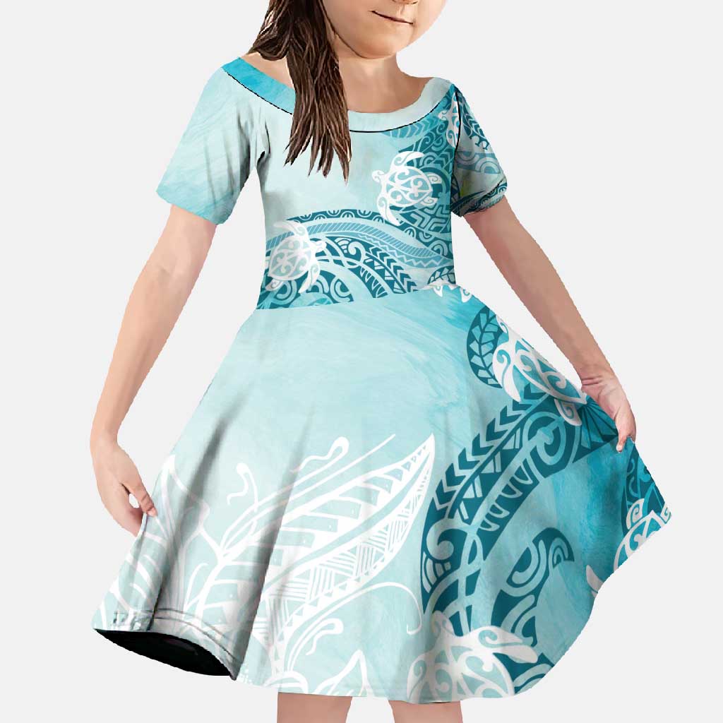 Polynesia Turtle Family Matching Short Sleeve Bodycon Dress and Hawaiian Shirt Watercolor Abstract Style LT7 Daughter's Dress Blue - Polynesian Pride