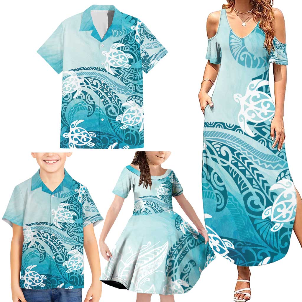 Polynesia Turtle Family Matching Summer Maxi Dress and Hawaiian Shirt Watercolor Abstract Style