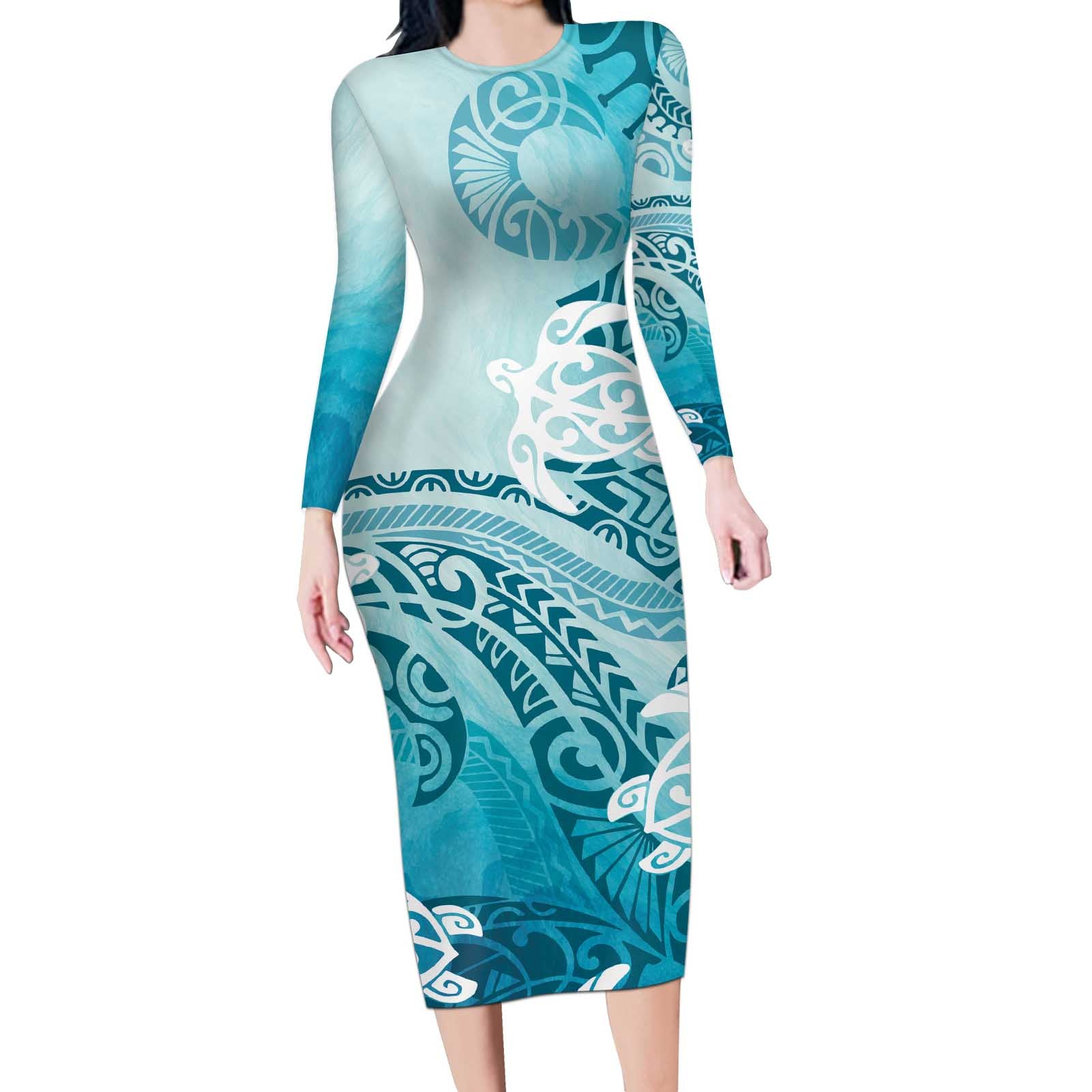 Polynesia Turtle Long Sleeve Bodycon Dress Watercolor Abstract Style