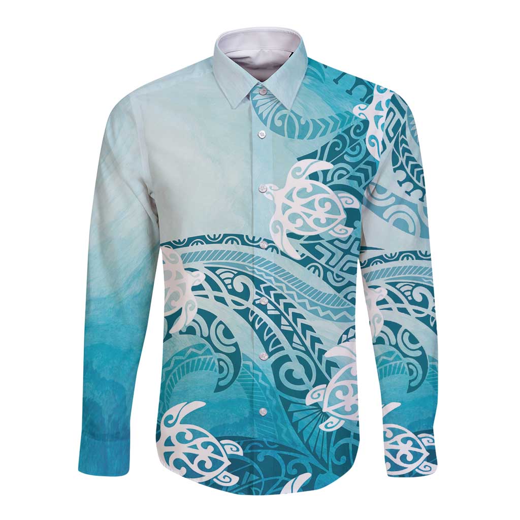 Polynesia Turtle Long Sleeve Button Shirt Watercolor Abstract Style