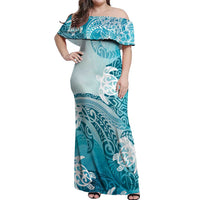 Polynesia Turtle Off Shoulder Maxi Dress Watercolor Abstract Style