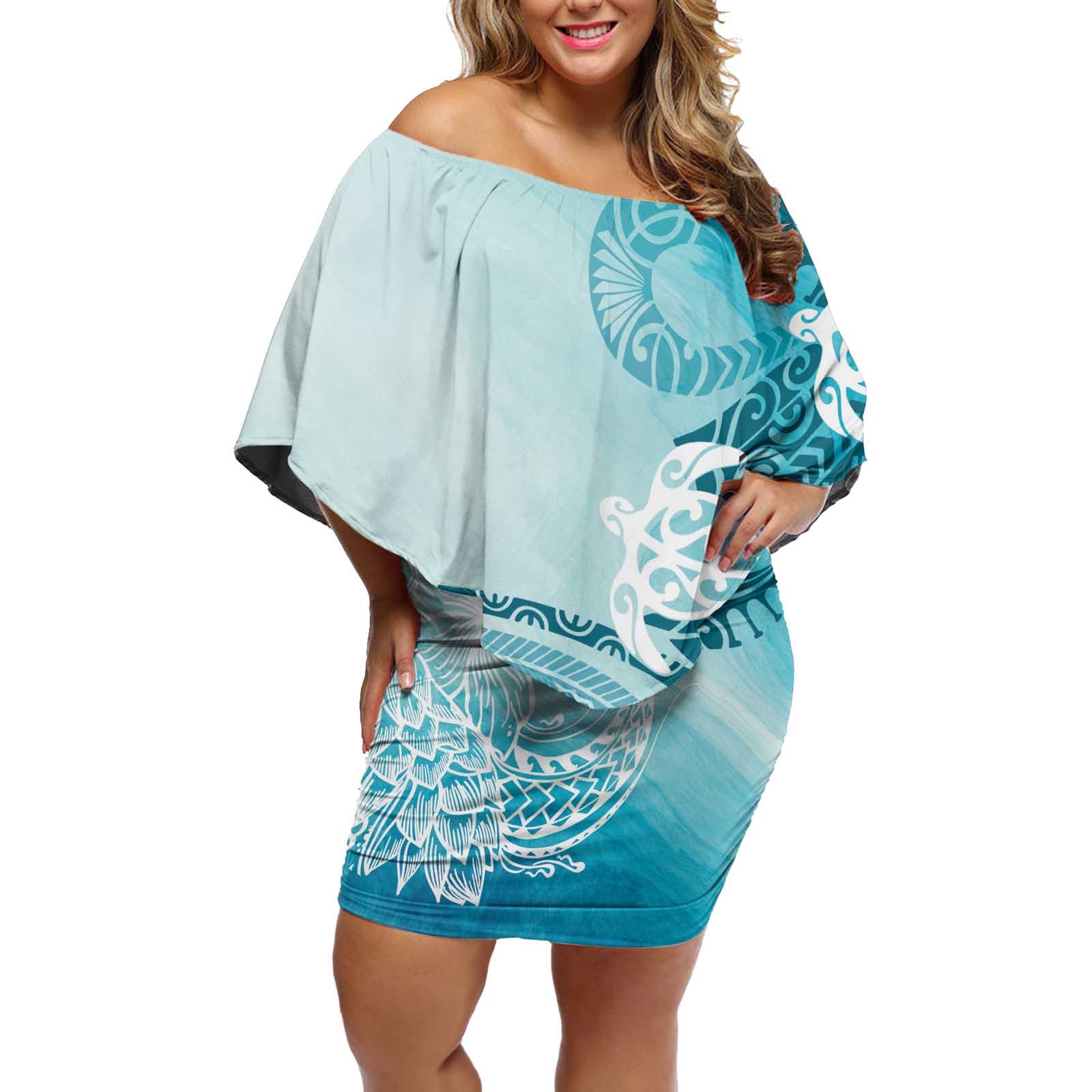Polynesia Turtle Off Shoulder Short Dress Watercolor Abstract Style LT7 Women Blue - Polynesian Pride