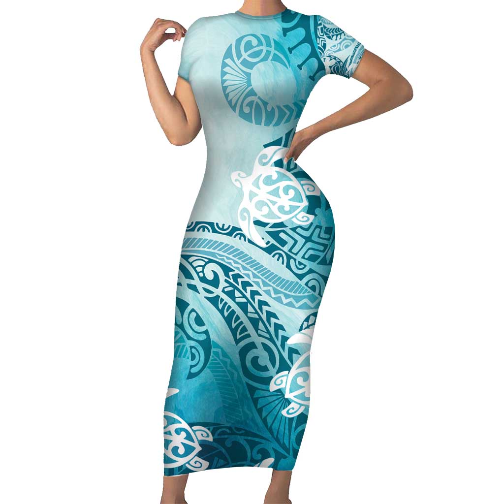 Polynesia Turtle Short Sleeve Bodycon Dress Watercolor Abstract Style