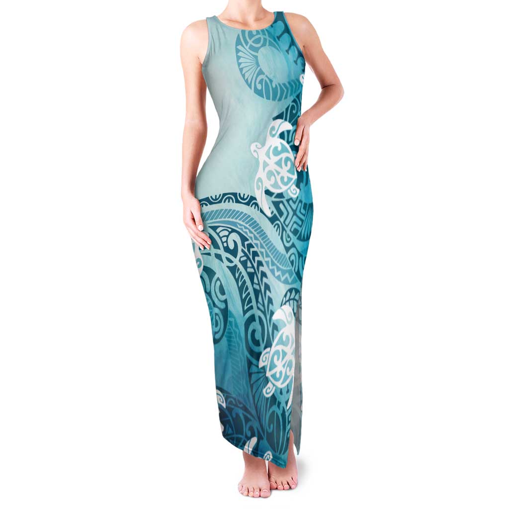 Polynesia Turtle Tank Maxi Dress Watercolor Abstract Style LT7 Women Blue - Polynesian Pride