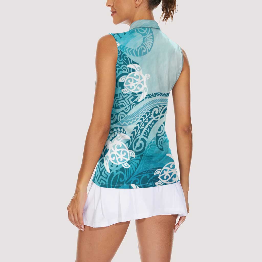 Polynesia Turtle Women Sleeveless Polo Shirt Watercolor Abstract Style
