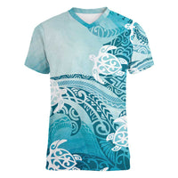 Polynesia Turtle Women V-Neck T-Shirt Watercolor Abstract Style LT7 Female Blue - Polynesian Pride