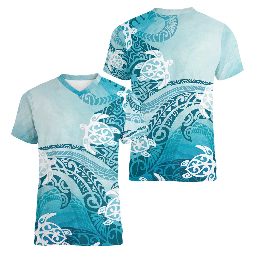 Polynesia Turtle Women V-Neck T-Shirt Watercolor Abstract Style LT7 - Polynesian Pride