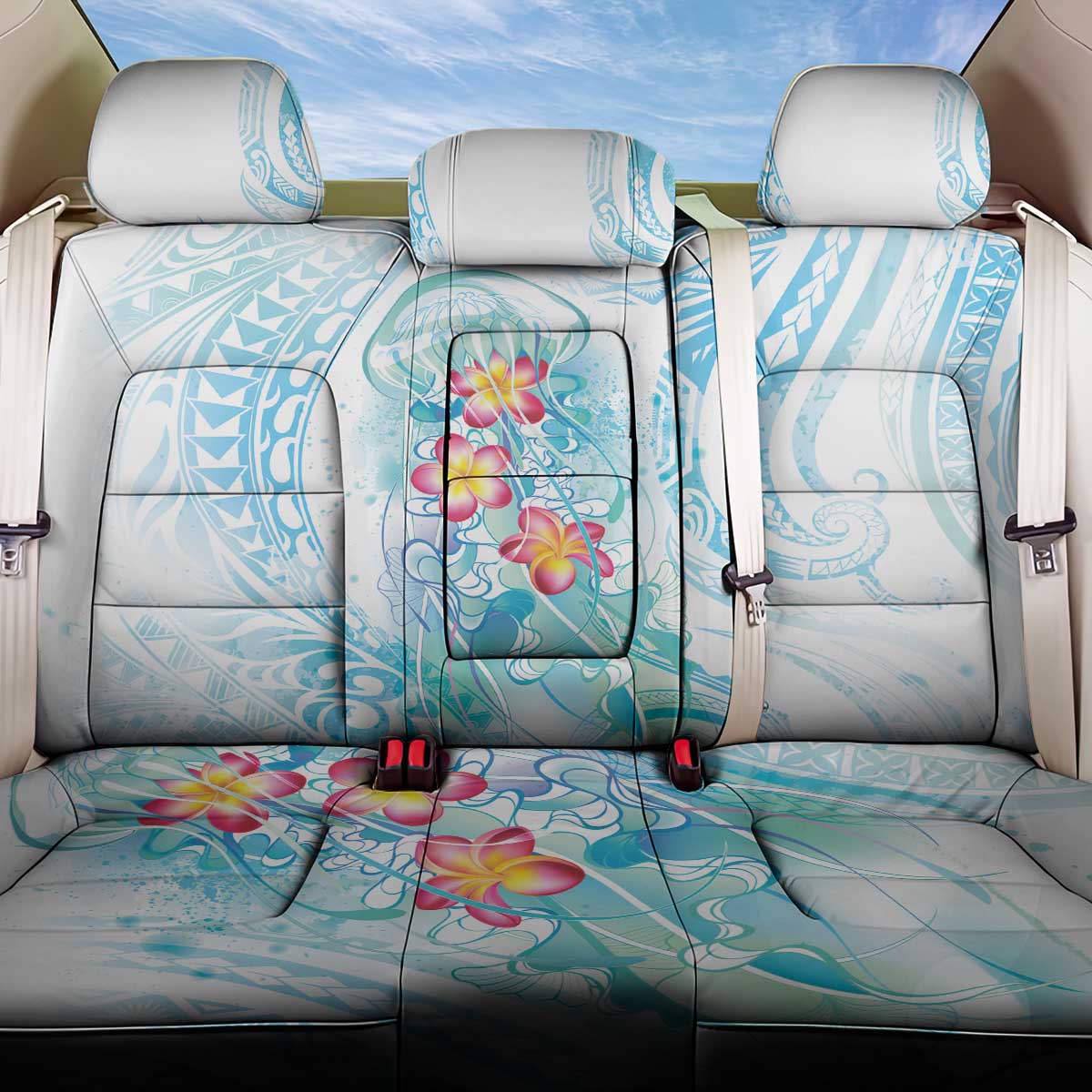Sea Blue Polynesian Jellyfish Back Car Seat Cover Watercolor Glows LT7 One Size Light Blue - Polynesian Pride