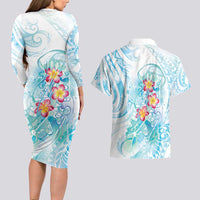 Sea Blue Polynesian Jellyfish Couples Matching Long Sleeve Bodycon Dress and Hawaiian Shirt Watercolor Glows - Polynesian Pride