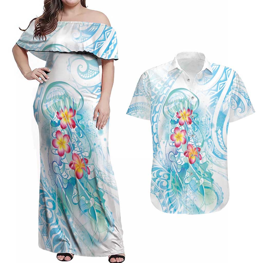 Sea Blue Polynesian Jellyfish Couples Matching Off Shoulder Maxi Dress and Hawaiian Shirt Watercolor Glows - Polynesian Pride