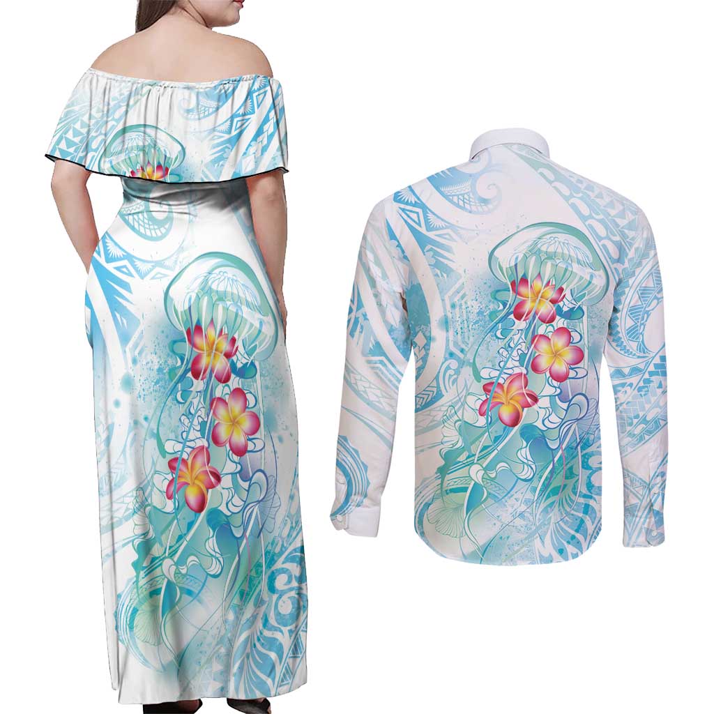 Sea Blue Polynesian Jellyfish Couples Matching Off Shoulder Maxi Dress and Long Sleeve Button Shirt Watercolor Glows LT7 - Polynesian Pride