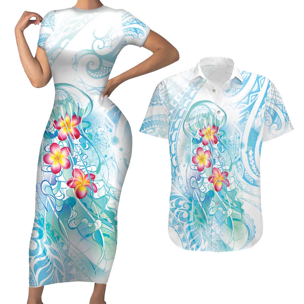 Sea Blue Polynesian Jellyfish Couples Matching Short Sleeve Bodycon Dress and Hawaiian Shirt Watercolor Glows - Polynesian Pride