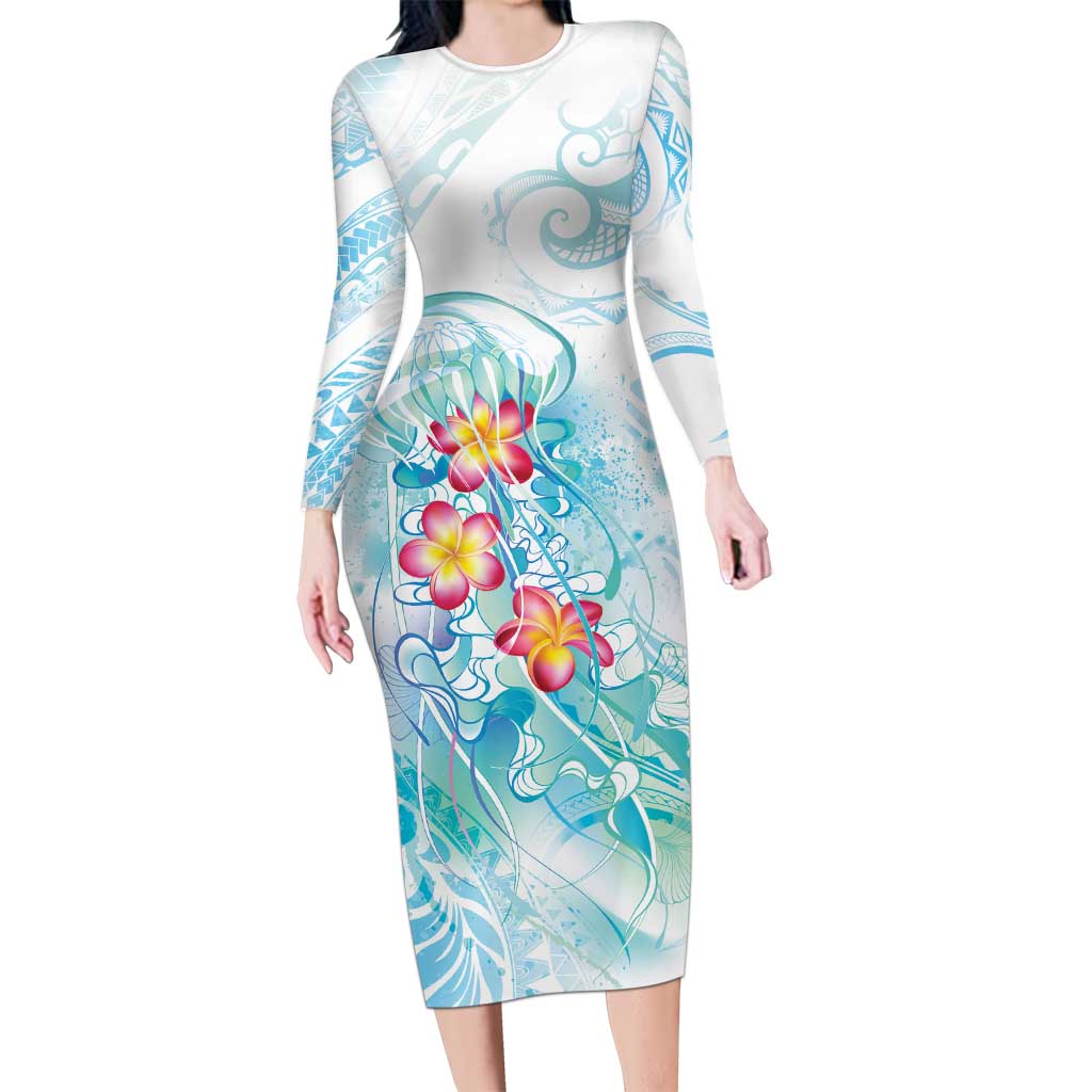 Sea Blue Polynesian Jellyfish Family Matching Long Sleeve Bodycon Dress and Hawaiian Shirt Watercolor Glows - Polynesian Pride