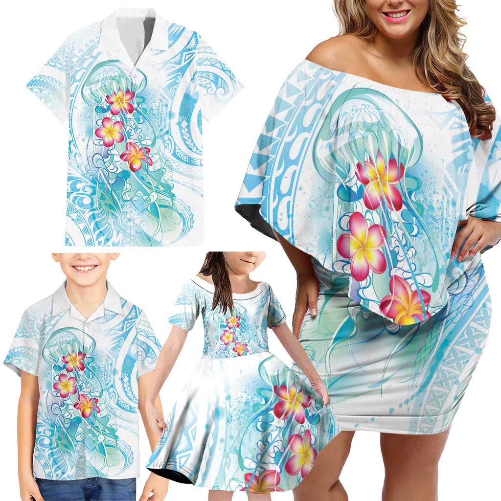 Sea Blue Polynesian Jellyfish Family Matching Off Shoulder Short Dress and Hawaiian Shirt Watercolor Glows - Polynesian Pride