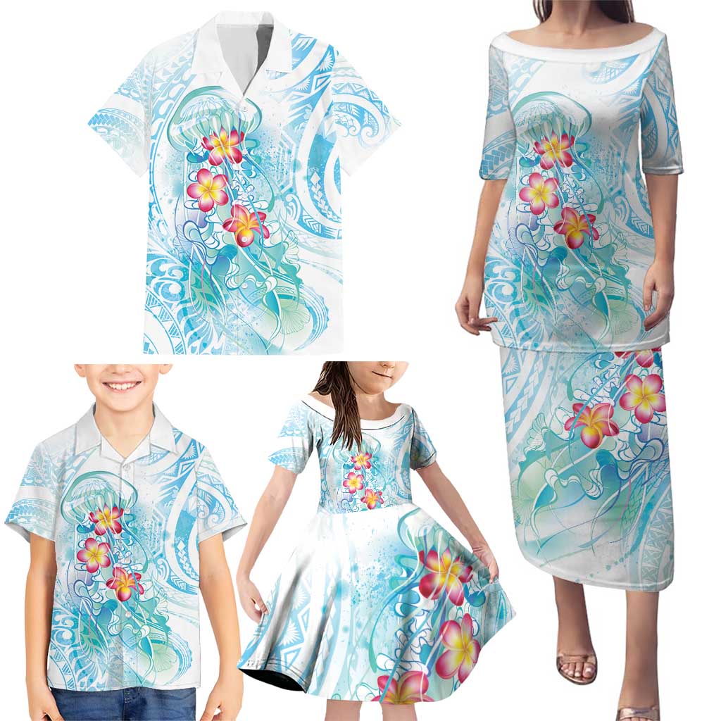 Sea Blue Polynesian Jellyfish Family Matching Puletasi and Hawaiian Shirt Watercolor Glows LT7 - Polynesian Pride
