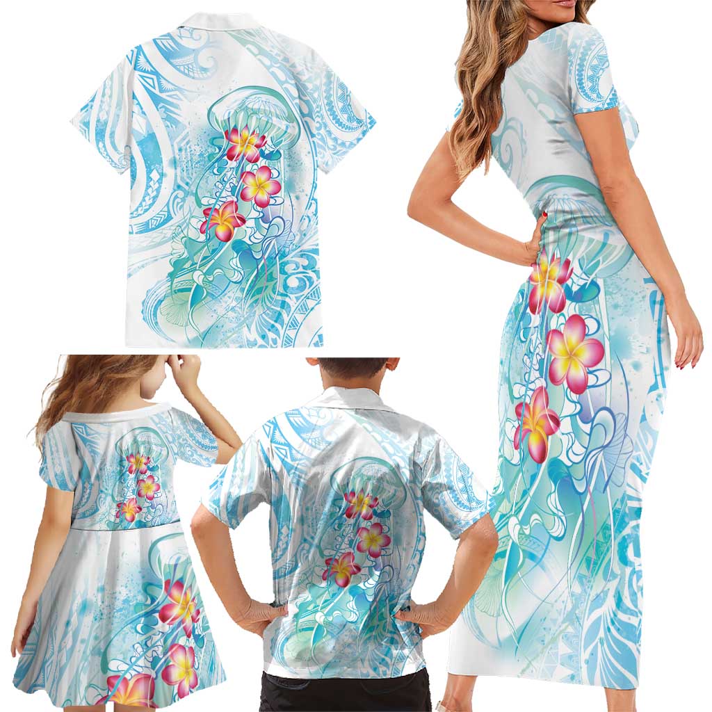 Sea Blue Polynesian Jellyfish Family Matching Short Sleeve Bodycon Dress and Hawaiian Shirt Watercolor Glows - Polynesian Pride