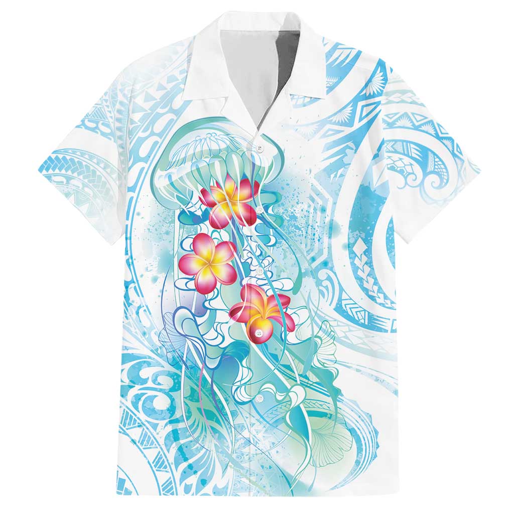 Sea Blue Polynesian Jellyfish Family Matching Short Sleeve Bodycon Dress and Hawaiian Shirt Watercolor Glows - Polynesian Pride