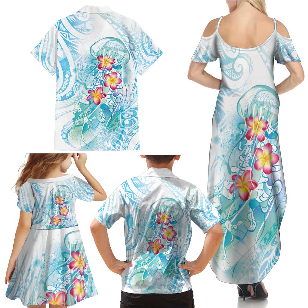 Sea Blue Polynesian Jellyfish Family Matching Summer Maxi Dress and Hawaiian Shirt Watercolor Glows - Polynesian Pride