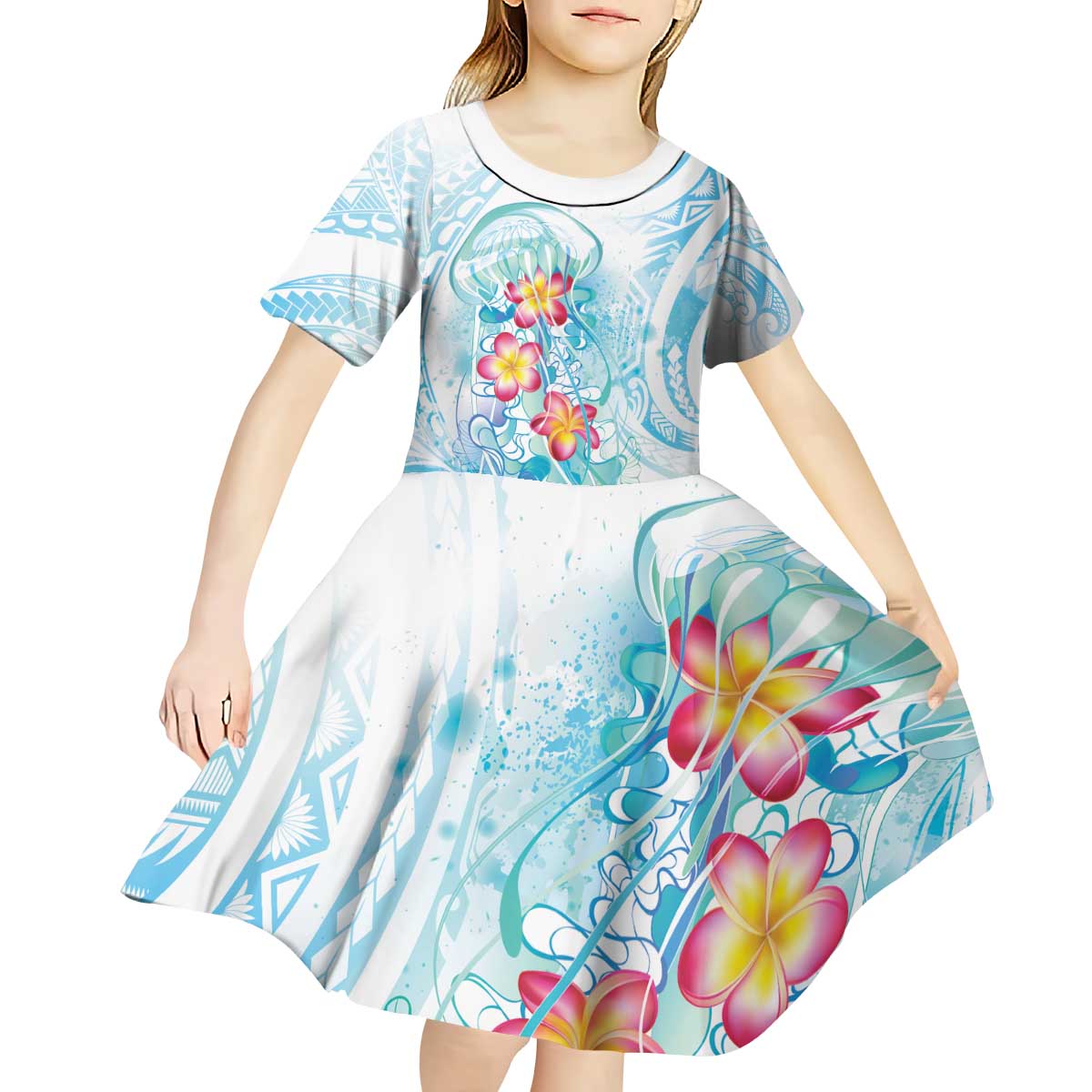 Sea Blue Polynesian Jellyfish Kid Short Sleeve Dress Watercolor Glows - Polynesian Pride