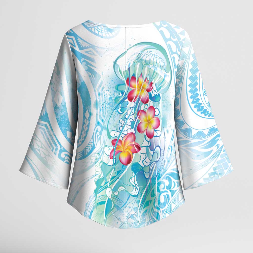 Sea Blue Polynesian Jellyfish Kimono Sleeve Blouse Watercolor Glows LT7 - Polynesian Pride