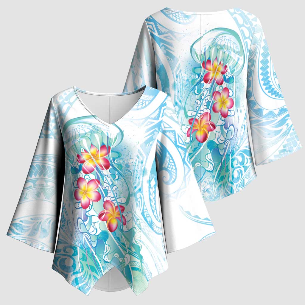 Sea Blue Polynesian Jellyfish Kimono Sleeve Blouse Watercolor Glows LT7 - Polynesian Pride
