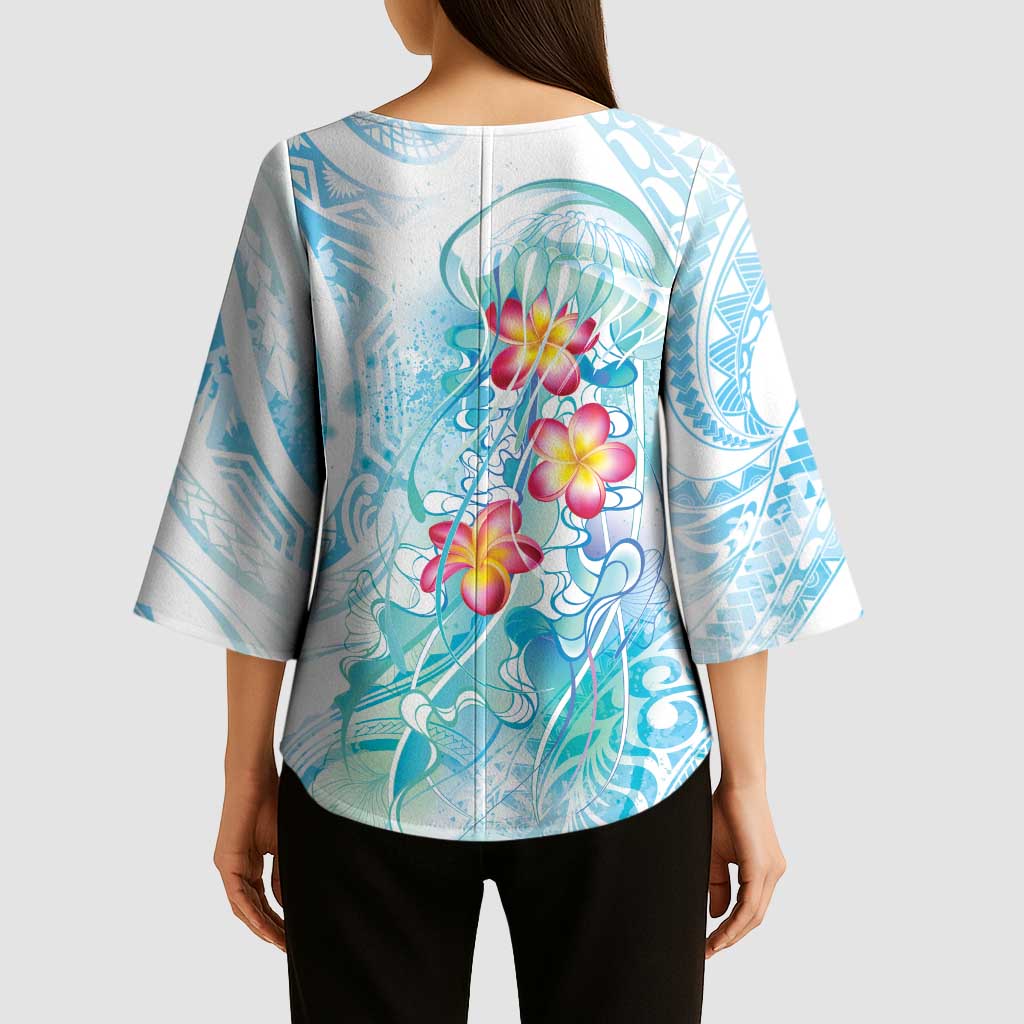 Sea Blue Polynesian Jellyfish Kimono Sleeve Blouse Watercolor Glows LT7 - Polynesian Pride