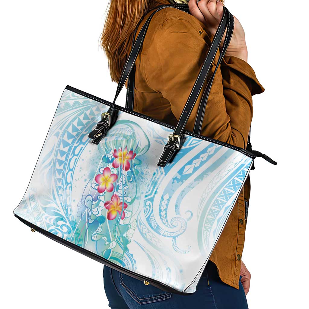 Sea Blue Polynesian Jellyfish Leather Tote Bag Watercolor Glows - Polynesian Pride