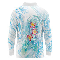 Sea Blue Polynesian Jellyfish Long Sleeve Polo Shirt Watercolor Glows LT7 - Polynesian Pride