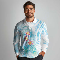 Sea Blue Polynesian Jellyfish Long Sleeve Polo Shirt Watercolor Glows LT7 - Polynesian Pride