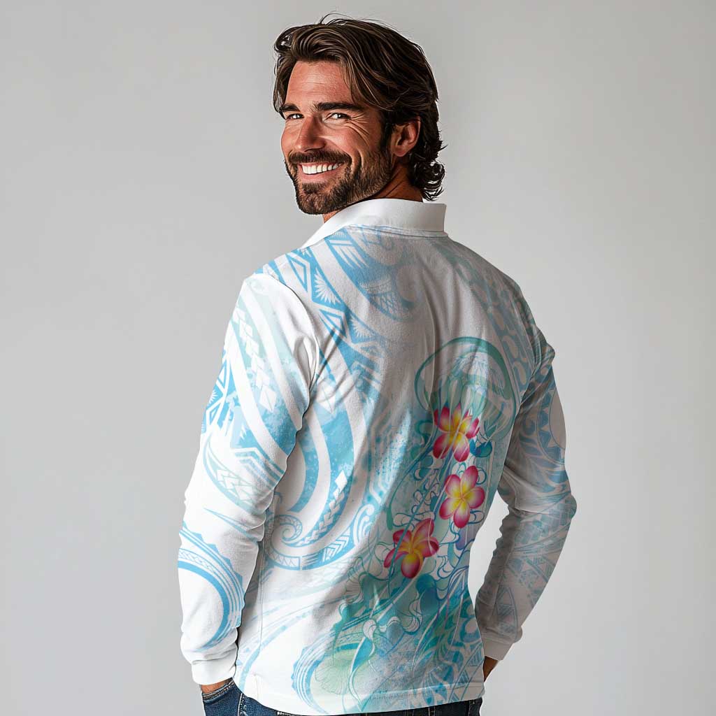 Sea Blue Polynesian Jellyfish Long Sleeve Polo Shirt Watercolor Glows LT7 - Polynesian Pride