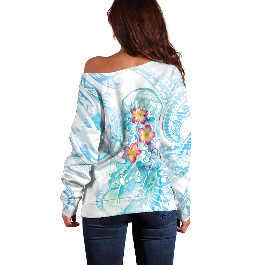 Sea Blue Polynesian Jellyfish Off Shoulder Sweater Watercolor Glows - Polynesian Pride