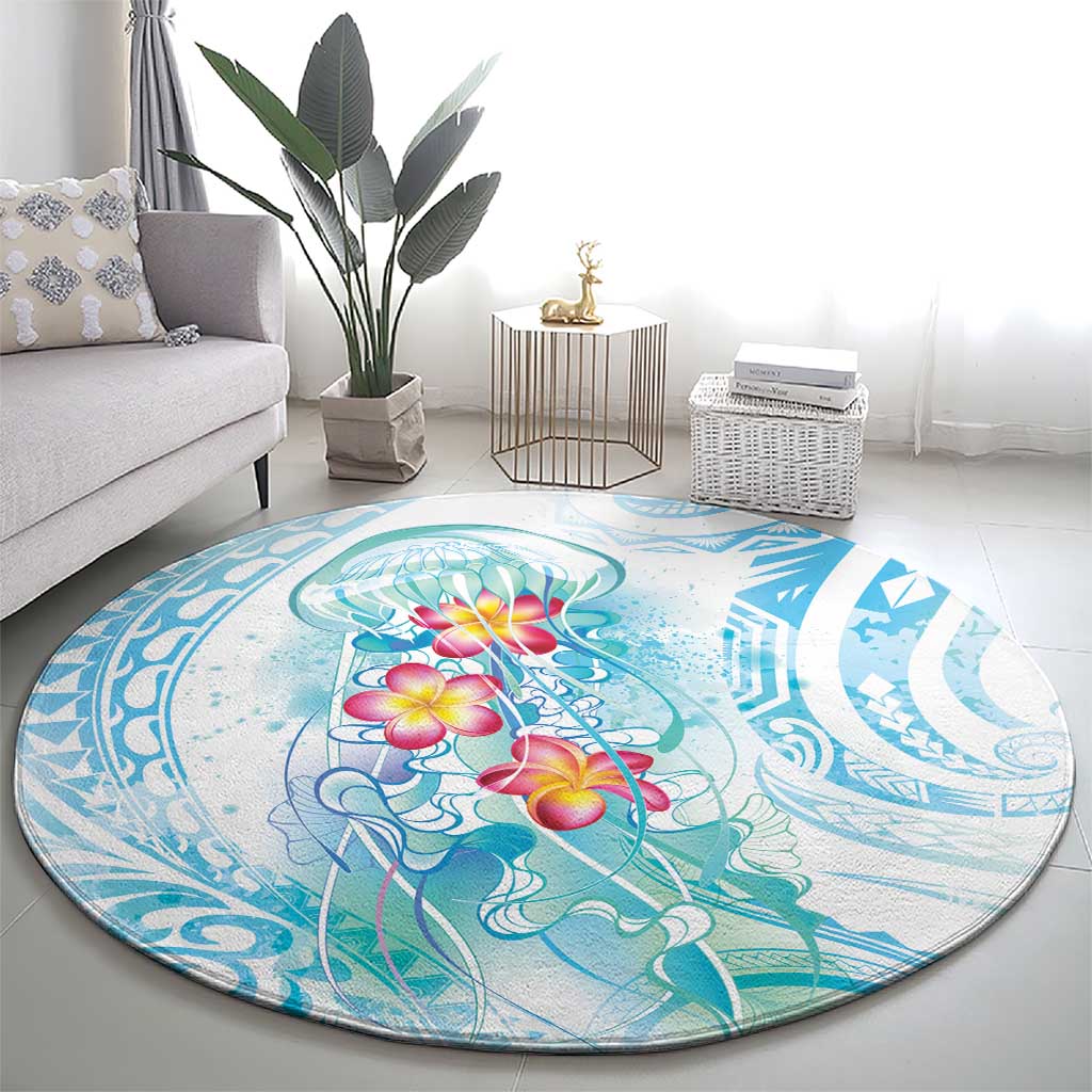 Sea Blue Polynesian Jellyfish Round Carpet Watercolor Glows - Polynesian Pride