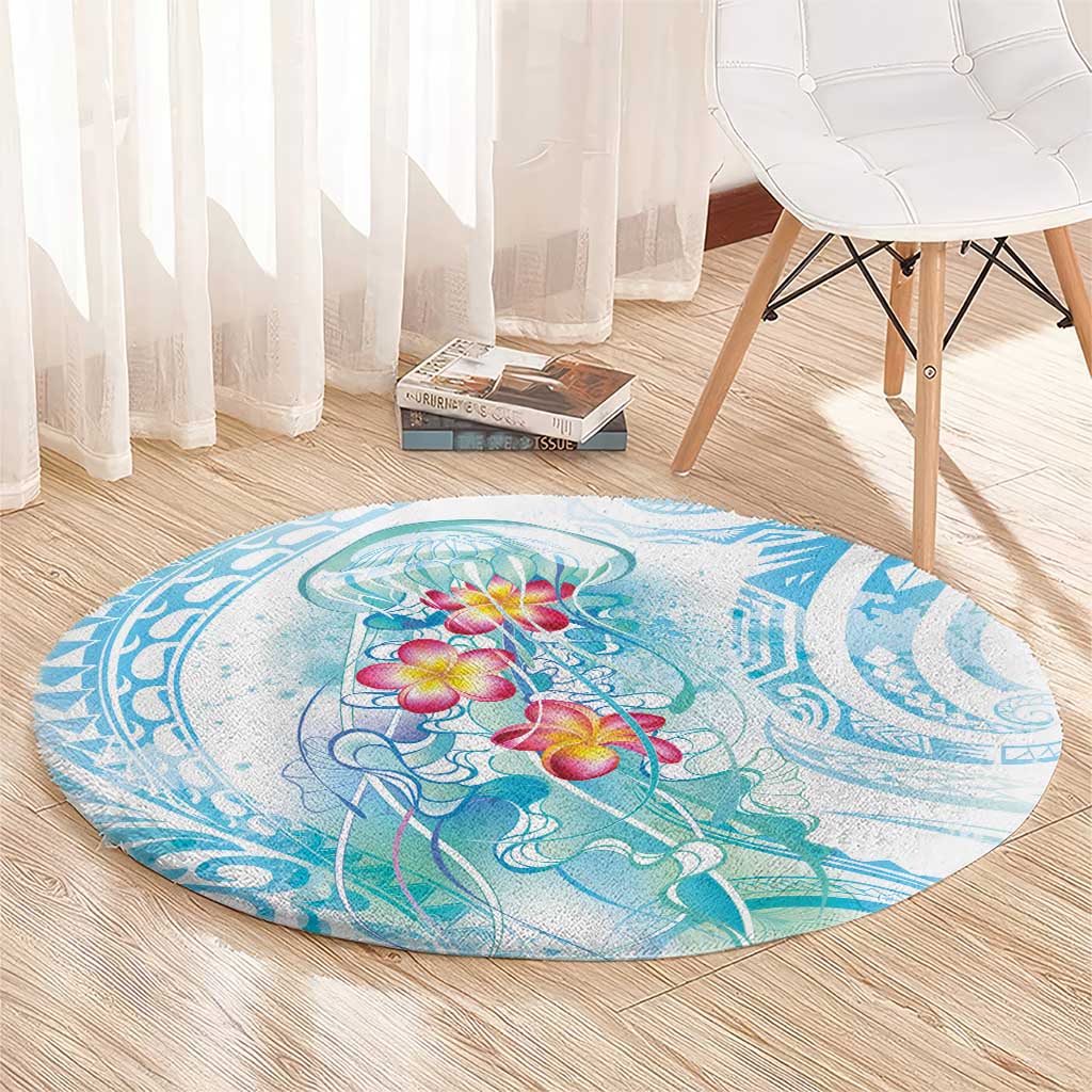 Sea Blue Polynesian Jellyfish Round Carpet Watercolor Glows - Polynesian Pride