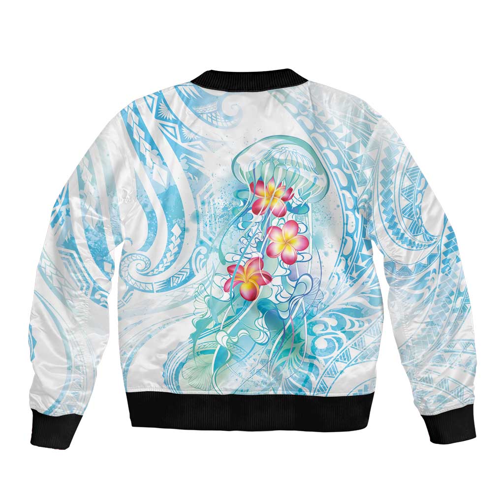 Sea Blue Polynesian Jellyfish Sleeve Zip Bomber Jacket Watercolor Glows - Polynesian Pride