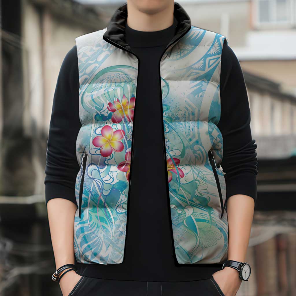 Sea Blue Polynesian Jellyfish Sleeveless Puffer Jacket Watercolor Glows LT7 - Polynesian Pride