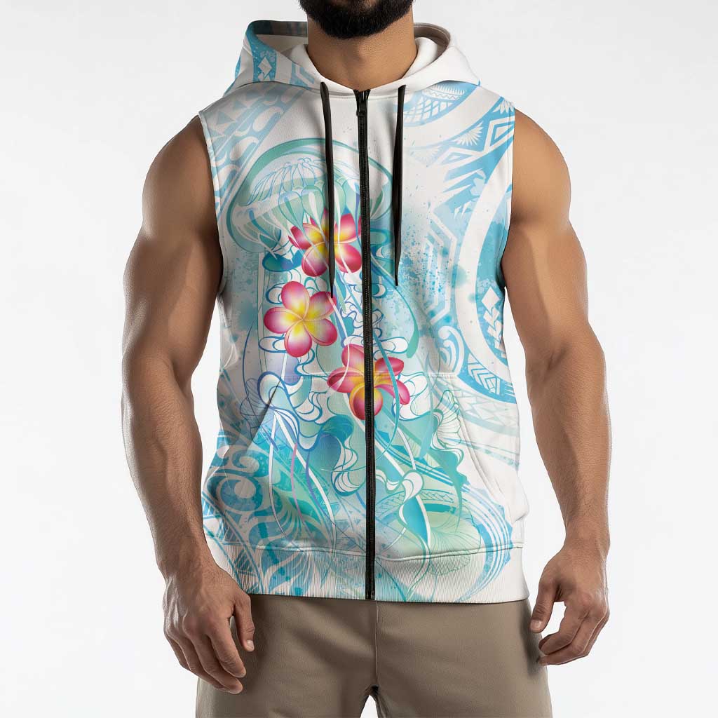 Sea Blue Polynesian Jellyfish Sleeveless Zip Hoodie Watercolor Glows LT7 - Polynesian Pride
