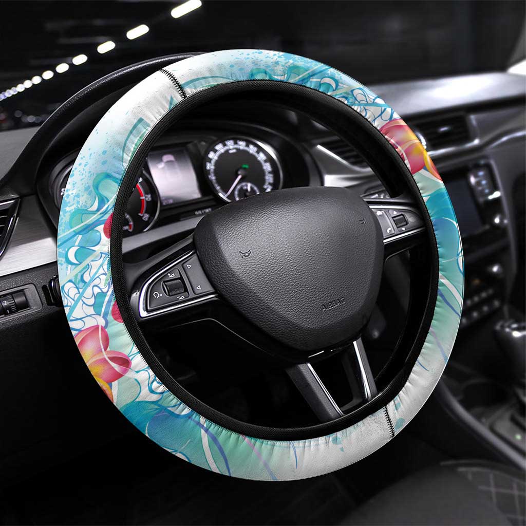 Sea Blue Polynesian Jellyfish Steering Wheel Cover Watercolor Glows LT7 Universal Fit Light Blue - Polynesian Pride