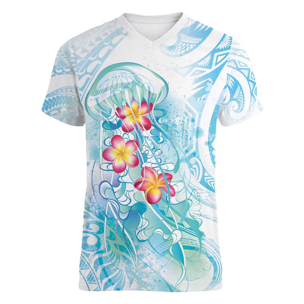 Sea Blue Polynesian Jellyfish Women V-Neck T-Shirt Watercolor Glows - Polynesian Pride