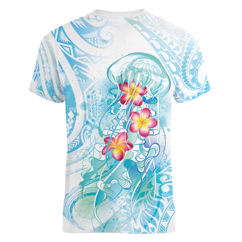 Sea Blue Polynesian Jellyfish Women V-Neck T-Shirt Watercolor Glows - Polynesian Pride