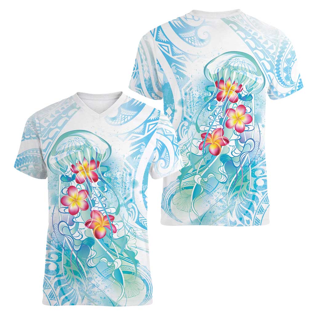 Sea Blue Polynesian Jellyfish Women V-Neck T-Shirt Watercolor Glows - Polynesian Pride