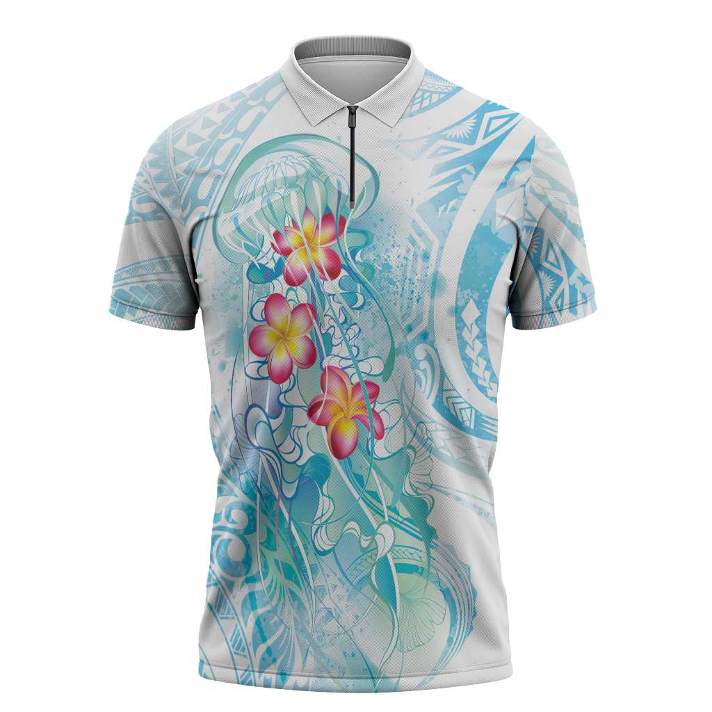 Sea Blue Polynesian Jellyfish Zipper Polo Shirt Watercolor Glows LT7 Light Blue - Polynesian Pride
