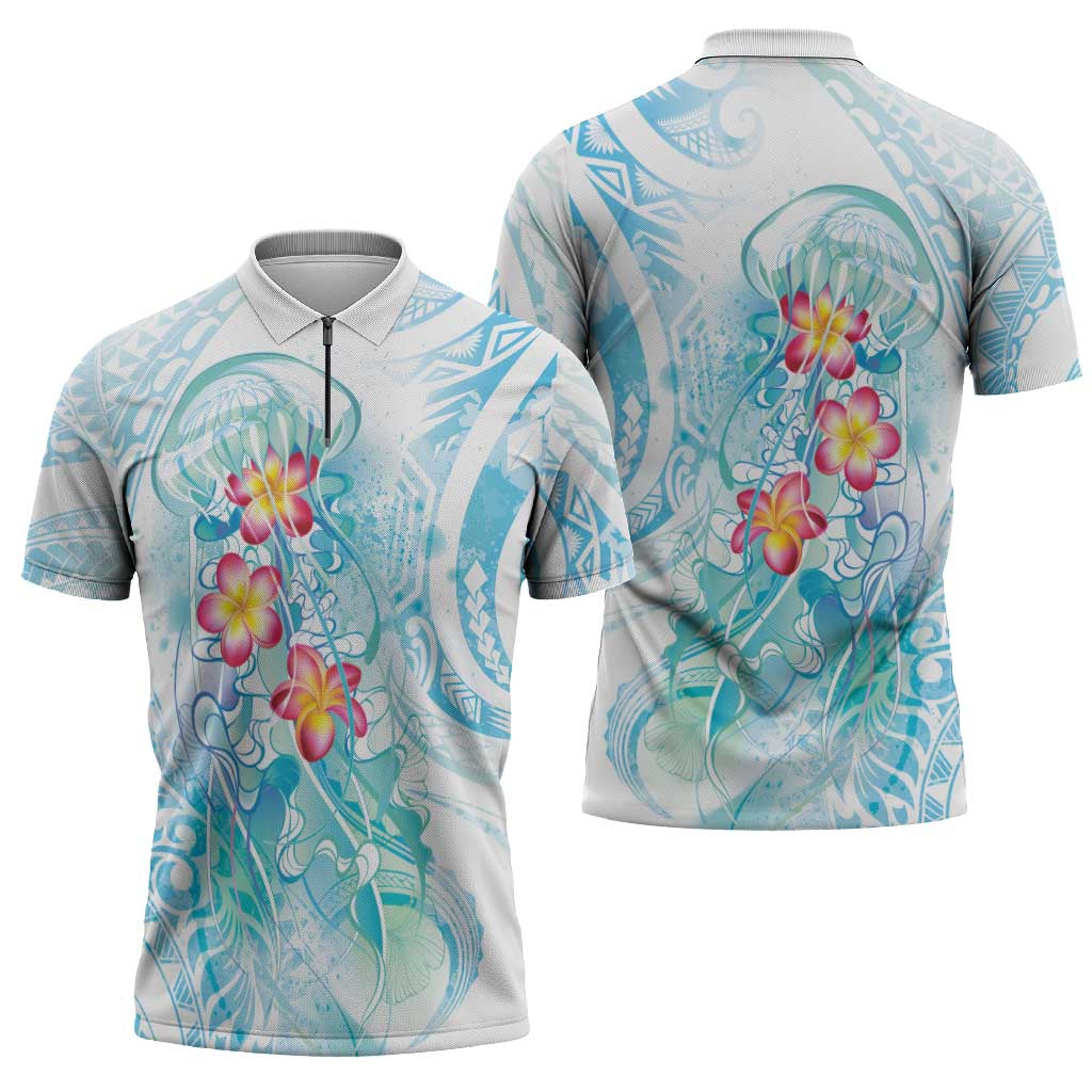 Sea Blue Polynesian Jellyfish Zipper Polo Shirt Watercolor Glows LT7 - Polynesian Pride