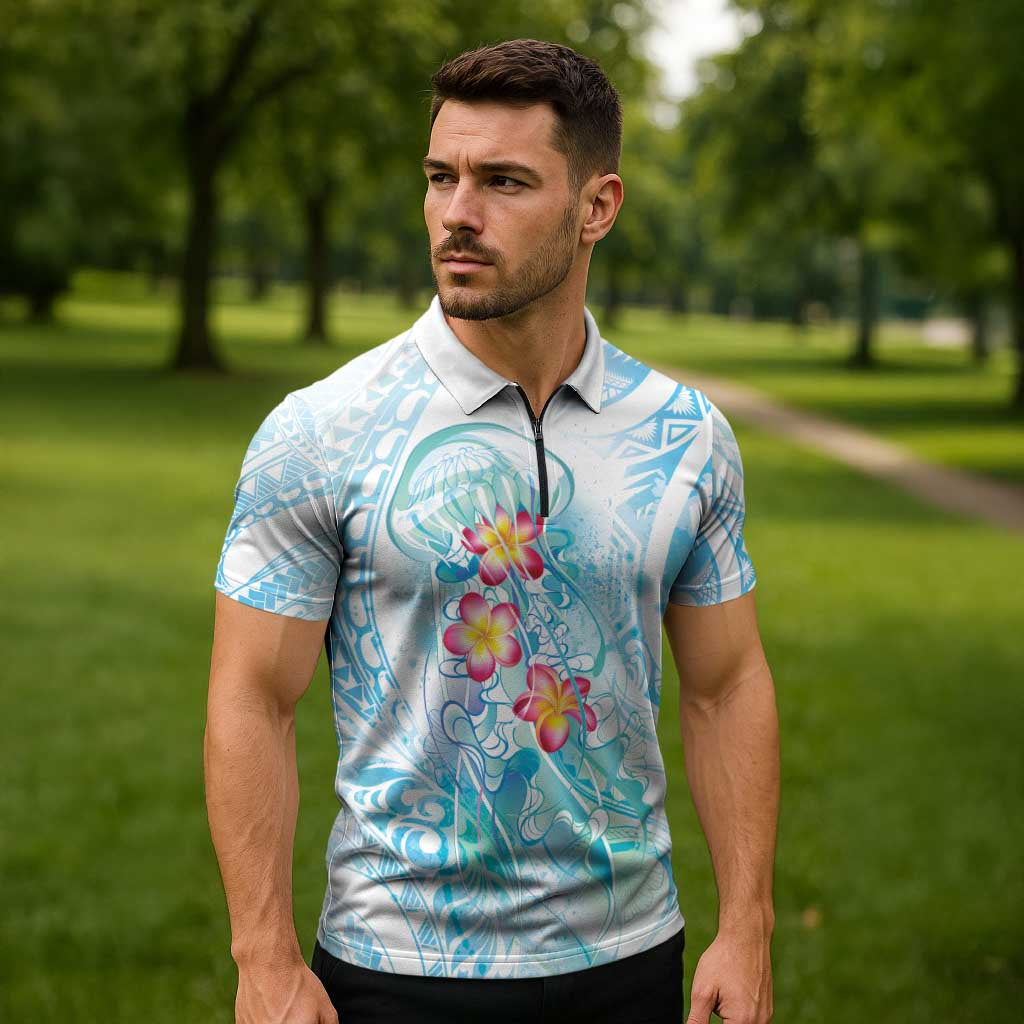 Sea Blue Polynesian Jellyfish Zipper Polo Shirt Watercolor Glows LT7 - Polynesian Pride