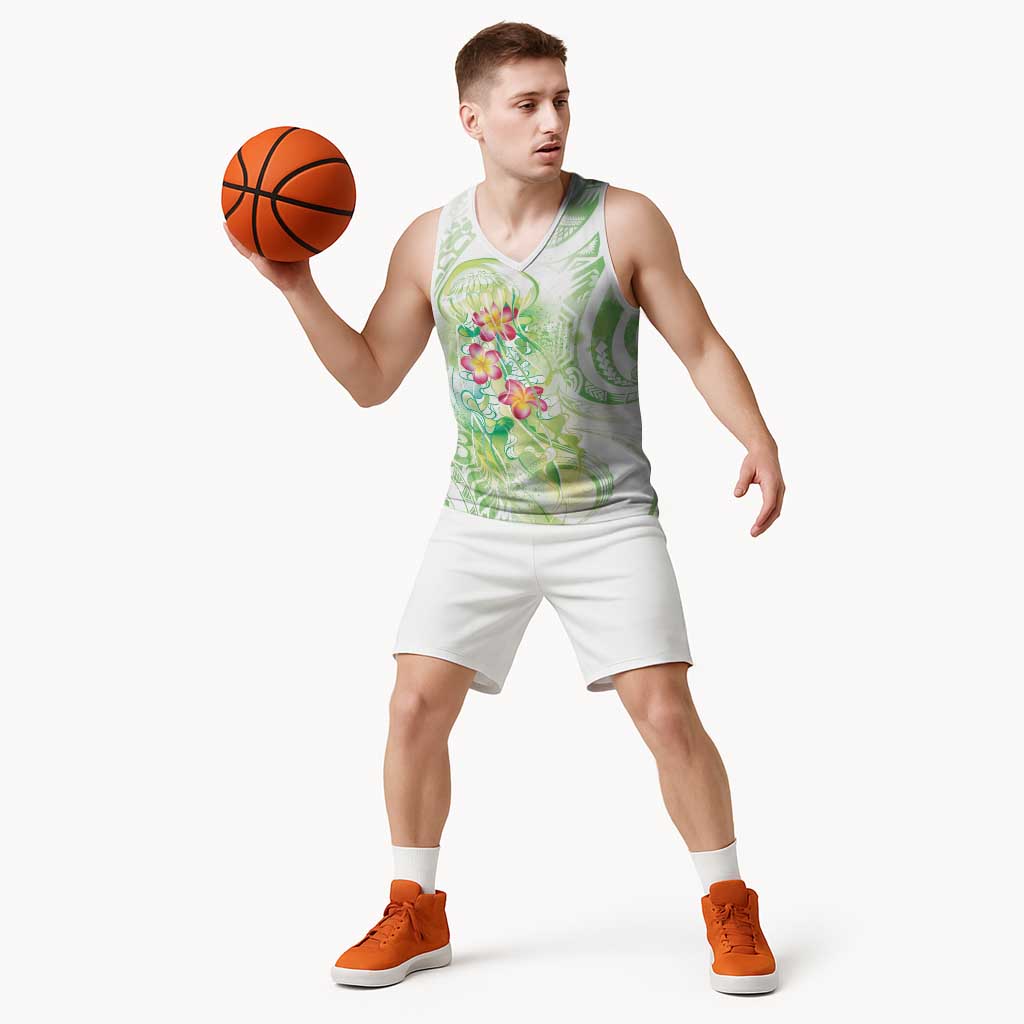 Summer Green Polynesian Jellyfish Basketball Jersey Watercolor Glows LT7 - Polynesian Pride