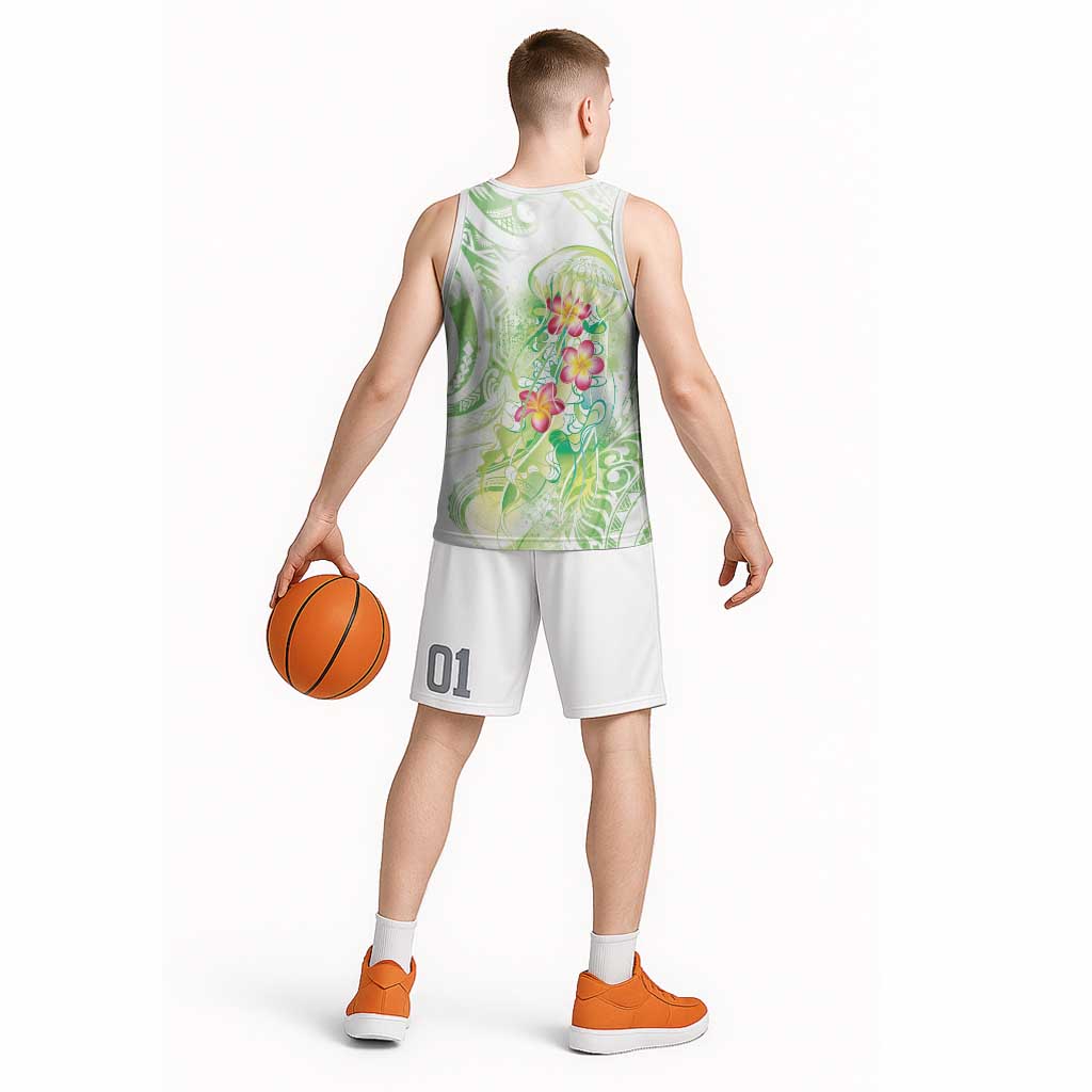Summer Green Polynesian Jellyfish Basketball Jersey Watercolor Glows LT7 - Polynesian Pride