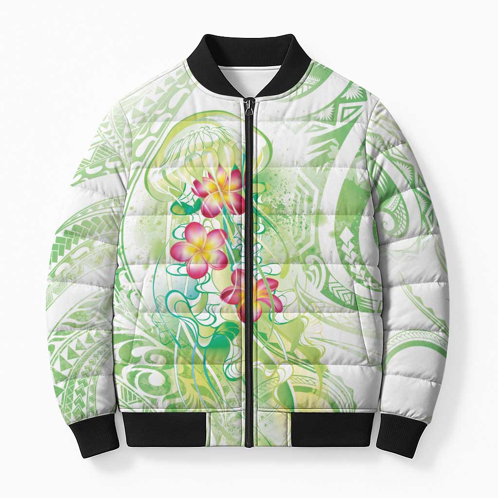 Summer Green Polynesian Jellyfish Bomber Puffer Jacket Watercolor Glows LT7 Unisex Light Green - Polynesian Pride