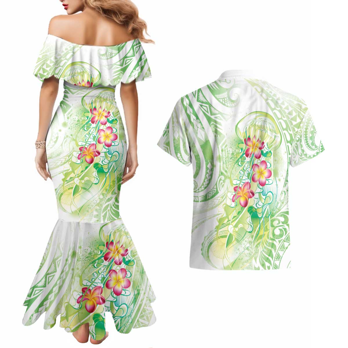 Summer Green Polynesian Jellyfish Couples Matching Mermaid Dress and Hawaiian Shirt Watercolor Glows - Polynesian Pride